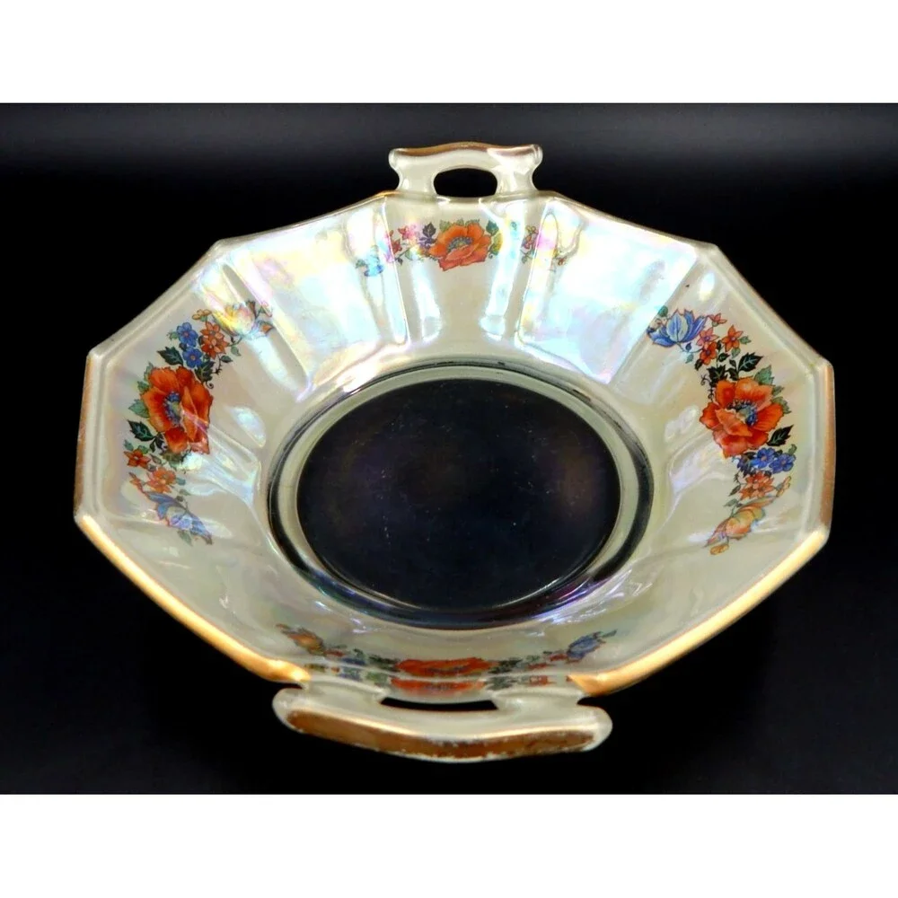 Glass Handled Serving Bowl Dish Floral Transfer Depression Glass 9 In Iridescent
